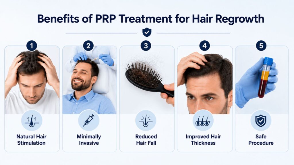 Benefits of PRP treatment for hair regrowth including reduced hair fall and improved hair density