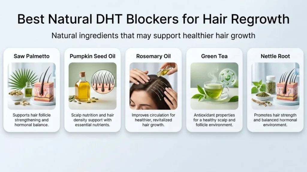Natural DHT blockers including Saw Palmetto, pumpkin seed oil, rosemary oil, green tea, and nettle root for hair loss and hair regrowth