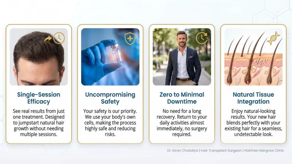Infographic highlighting the clinical benefits of Folliboost stem cell hair treatment, including single-session results, high safety, minimal downtime, and natural hair follicle regeneration.
