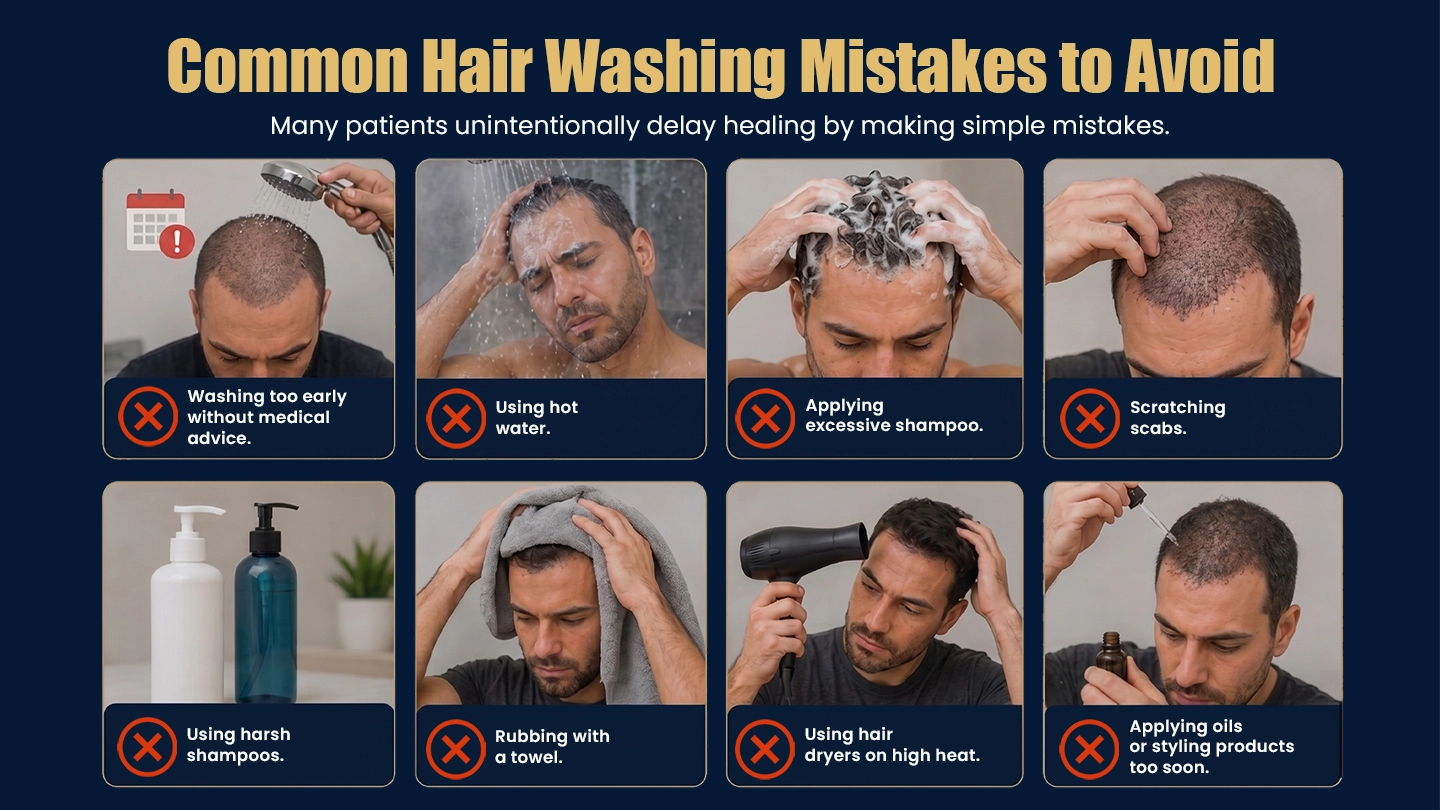 Patient avoiding common hair washing mistakes after hair transplant such as rubbing the scalp, using hot water, and applying excessive shampoo