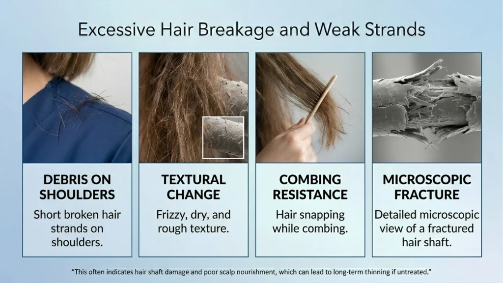 Excessive hair breakage and weak strands as an early sign of hair damage