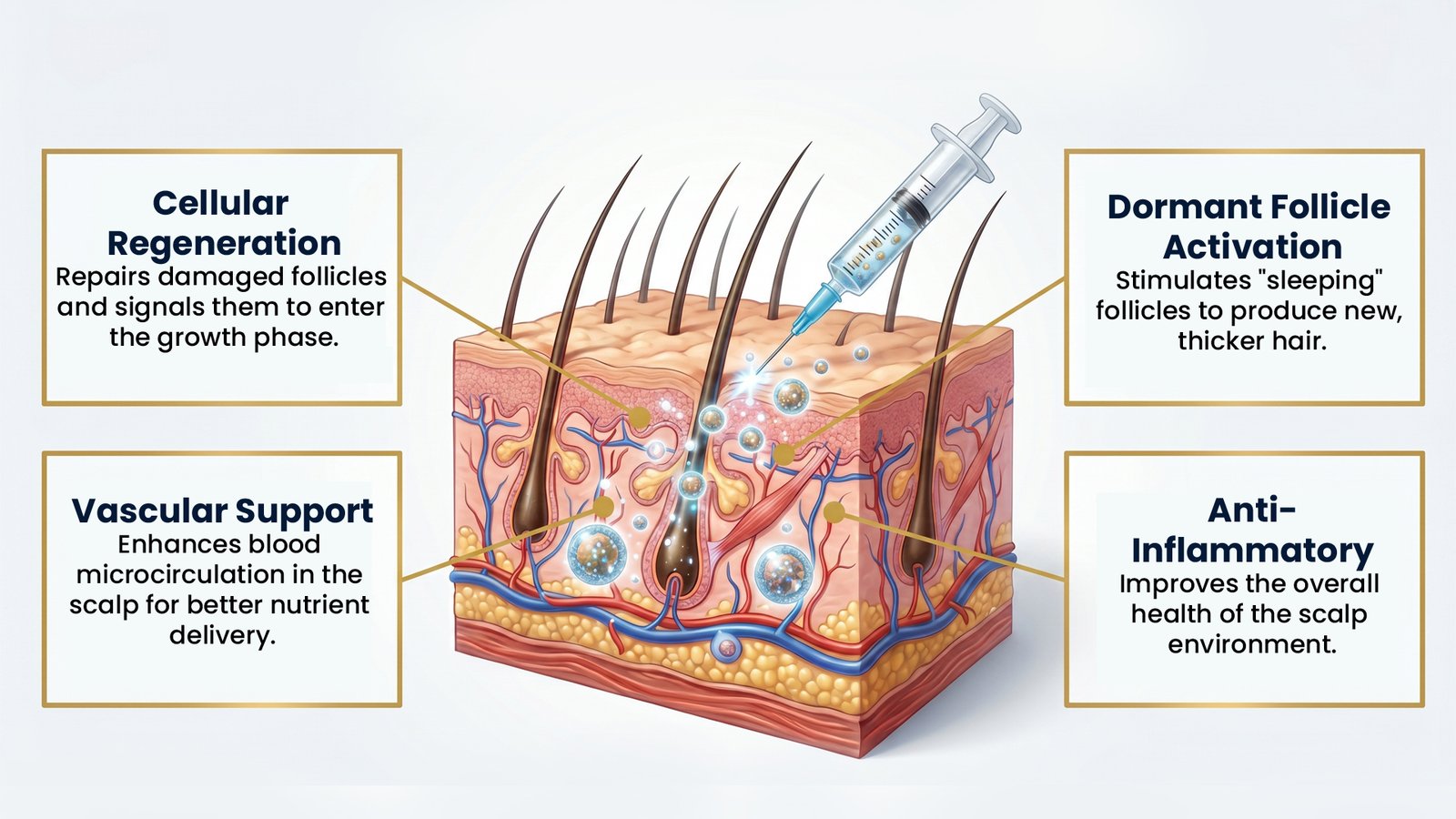 Exosome Therapy for Hair Loss in Pune – Illustration showing cellular regeneration, dormant follicle activation, vascular support, and anti-inflammatory benefits for hair growth