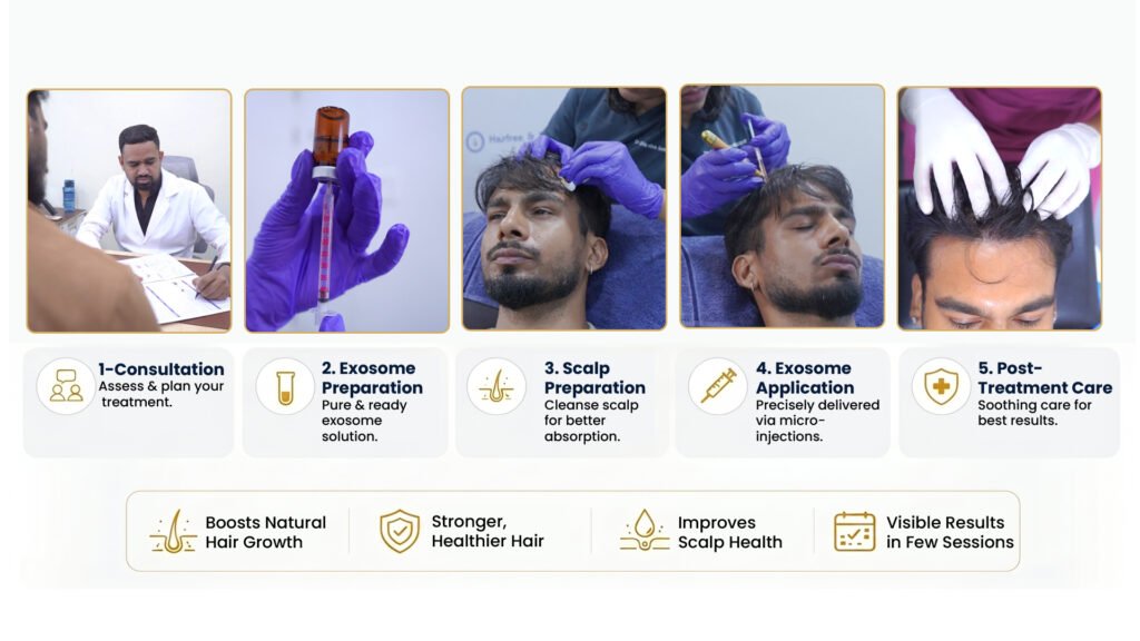 Exosome Therapy for Hair Loss in Pune – Treatment process showing consultation, exosome preparation, scalp preparation, exosome application, and post-treatment care