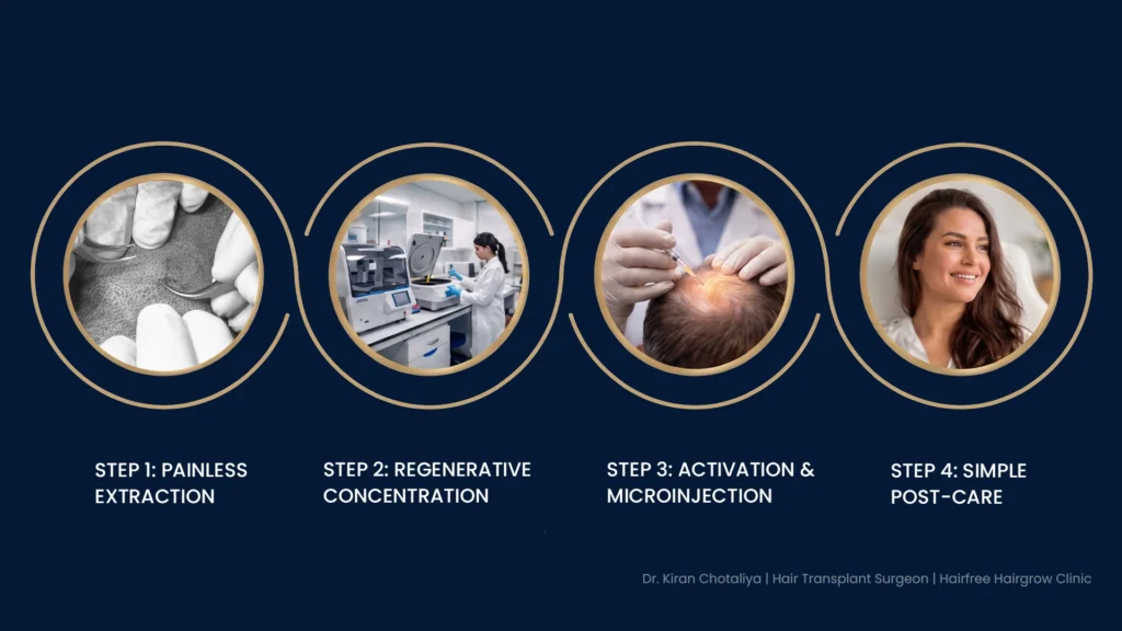 Infographic showing the four-step Folliboost stem cell hair treatment journey, including painless extraction, regenerative stem cell concentration, scalp microinjection, and post-treatment care for hair regeneration.