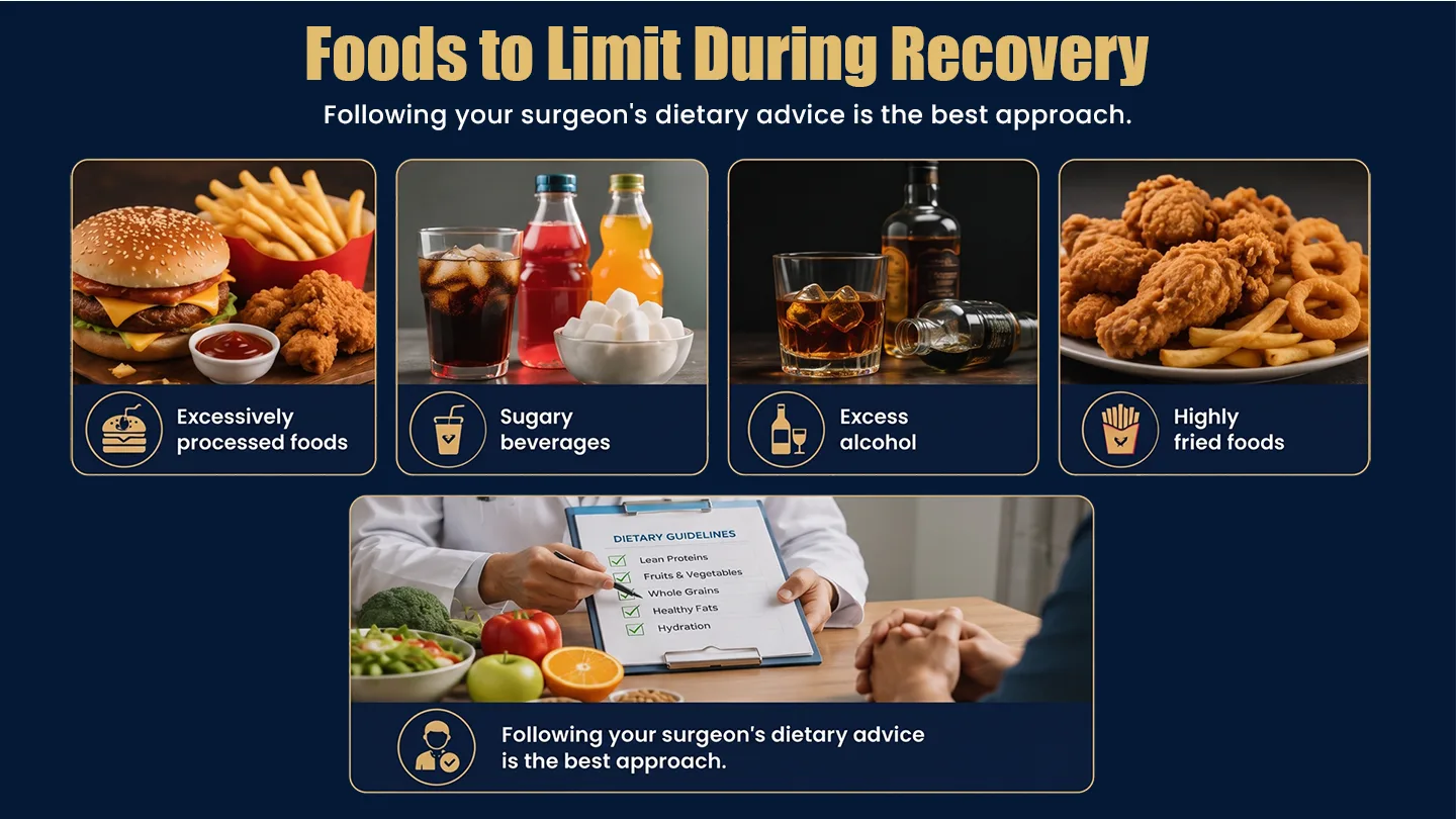 Foods to limit after hair transplant during recovery including alcohol, sugary foods, and processed snacks