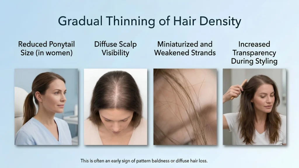 Gradual hair thinning on the scalp as an early sign of hair loss