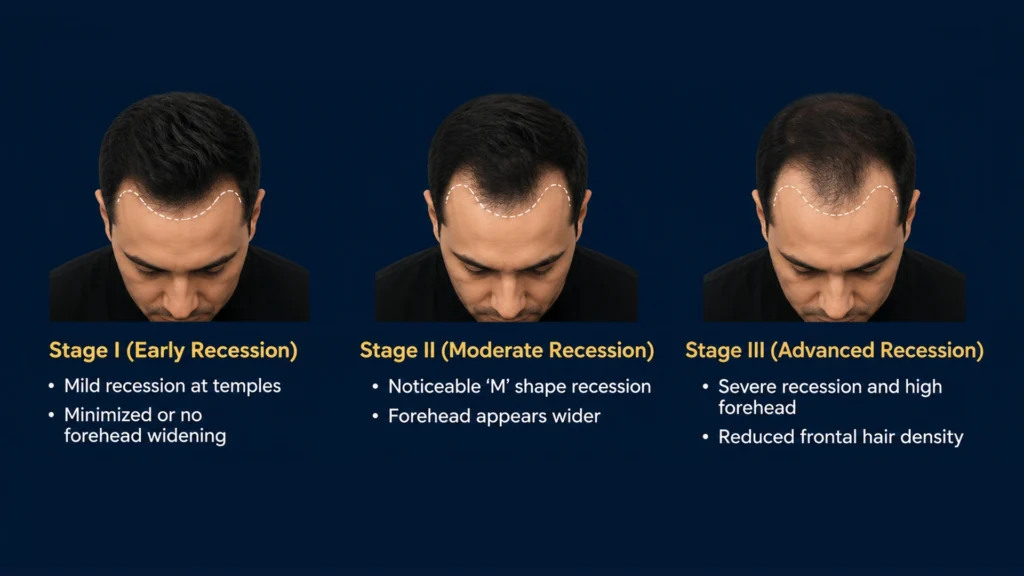 Hair Thinning Stages Showing Grade I Mild, Grade II Moderate, and Grade III Advanced Hair Loss