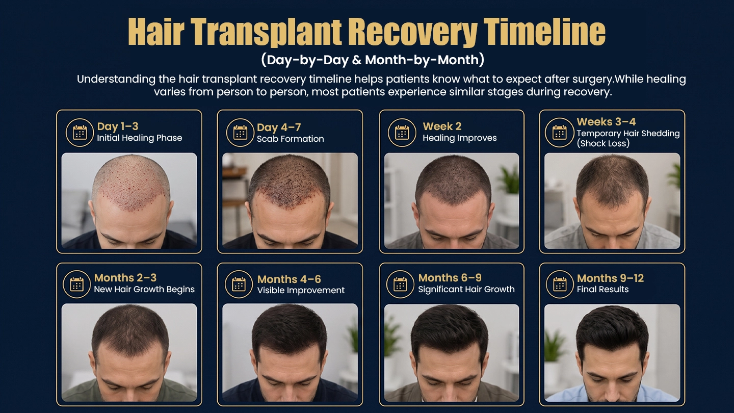 Hair transplant recovery timeline showing scalp healing and hair growth progress from day one to twelve months after hair transplant