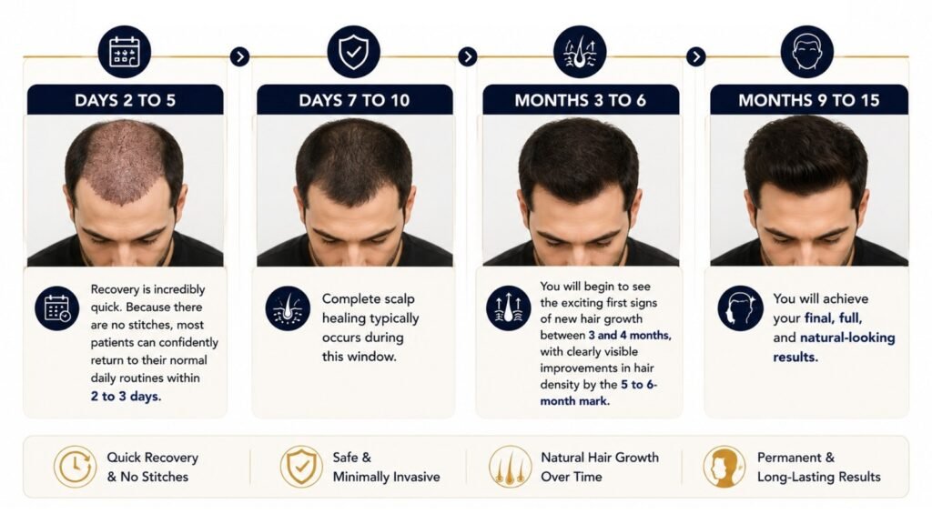 Hair transplant recovery timeline in Pune showing healing, initial hair growth, and final results after hair restoration surgery