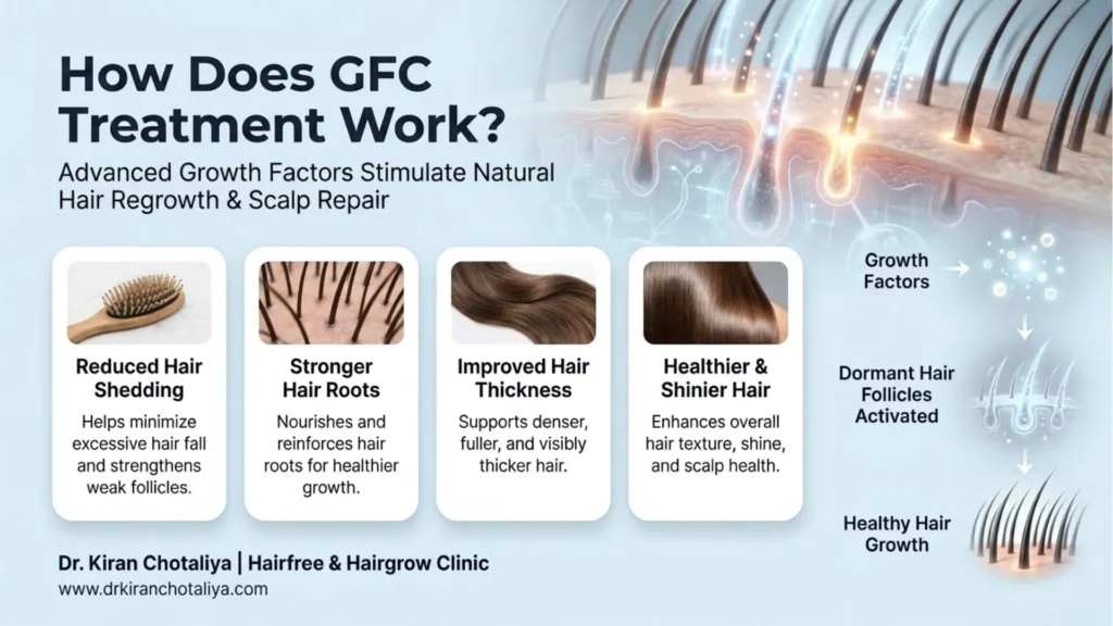 Step-by-step process of GFC Hair Treatment showing blood collection, growth factor extraction, and scalp injections for natural hair regrowth