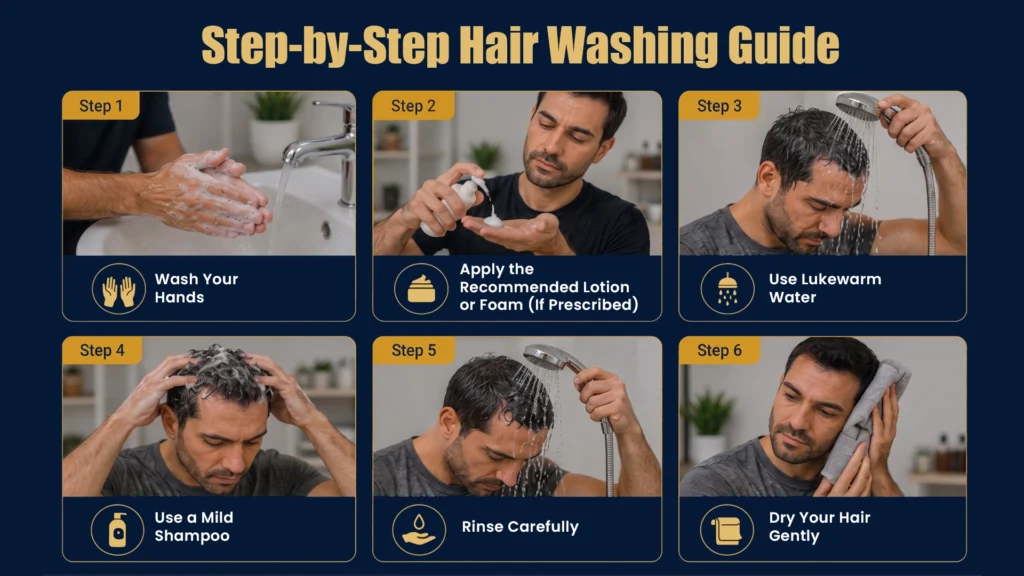 Patient gently washing hair after hair transplant using a mild shampoo as recommended by a hair transplant specialist during recovery