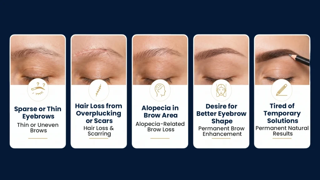 Ideal candidates for eyebrow hair transplant in Pune including people with thin eyebrows, overplucking, scars, alopecia, and eyebrow shape concerns