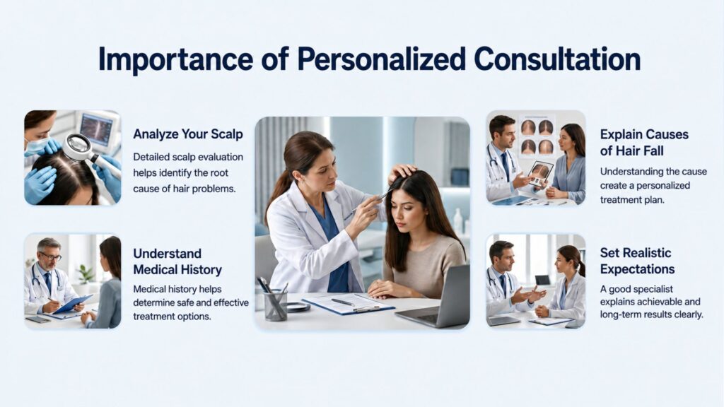 Hair specialist providing a personalized consultation for hair loss diagnosis and customized treatment planning.