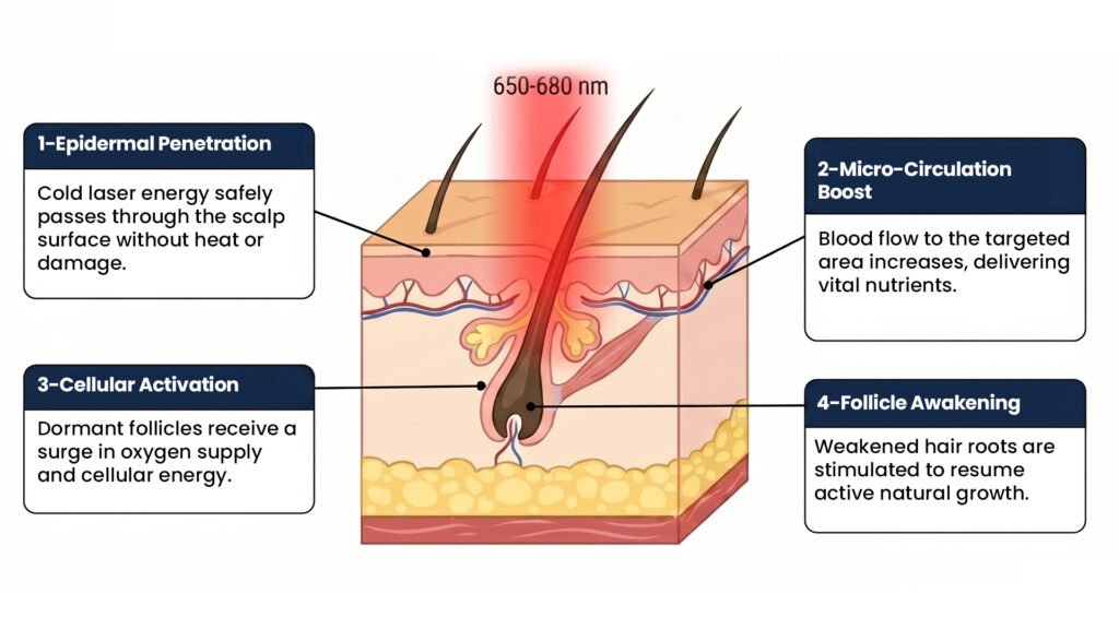 Low-Level Laser Therapy for Hair Loss in Pune Illustrating Hair Follicle Activation and Scalp Cell Regeneration