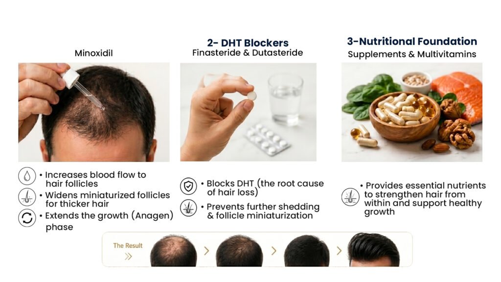 Medication Treatment for Hair Loss in Pune – Three-step hair restoration approach using Minoxidil, DHT blockers, and nutritional supplements to reduce hair loss and promote regrowth