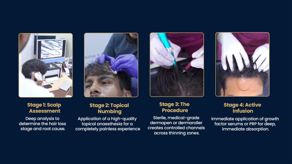 Microneedling for Hair Loss in Pune – Clinical treatment pathway showing scalp assessment, scalp preparation, microneedling procedure, and post-treatment scalp evaluation