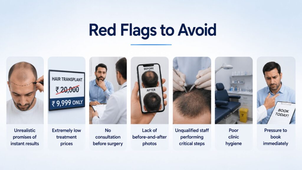 Warning signs to avoid when choosing a DHI hair transplant surgeon in Pune, including unqualified clinics and unrealistic treatment promises.