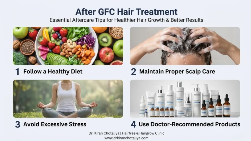 Results of GFC Hair Treatment showing reduced hair fall, stronger hair follicles, improved hair density, and natural hair regrowth