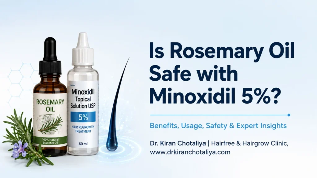 Rosemary Oil and Minoxidil 5% hair growth treatment showing a dropper of rosemary oil, Minoxidil bottle, and healthy hair follicles.