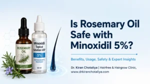 Rosemary Oil and Minoxidil 5% hair growth treatment showing a dropper of rosemary oil, Minoxidil bottle, and healthy hair follicles.