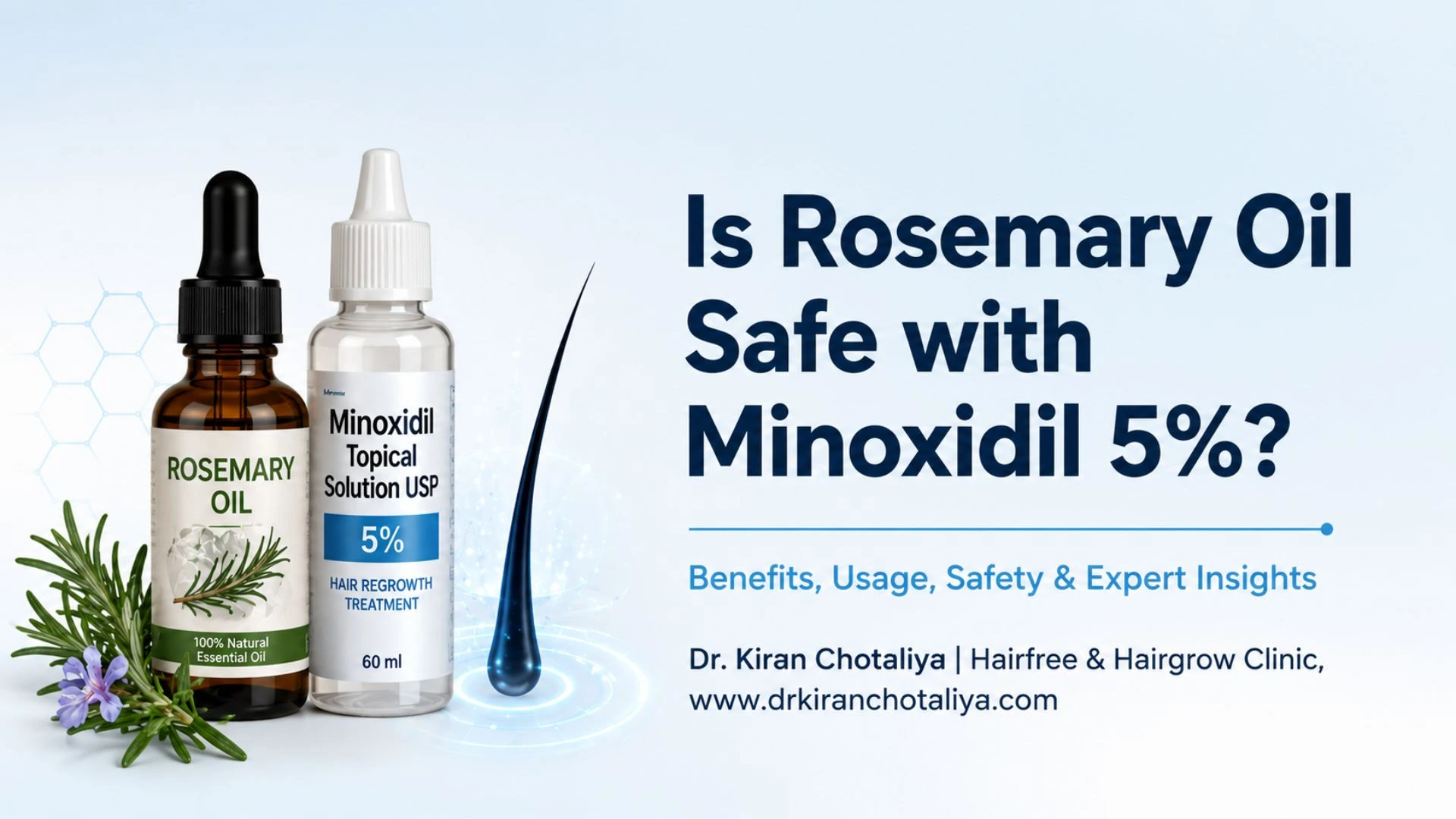 Rosemary Oil and Minoxidil 5% hair growth treatment showing a dropper of rosemary oil, Minoxidil bottle, and healthy hair follicles.