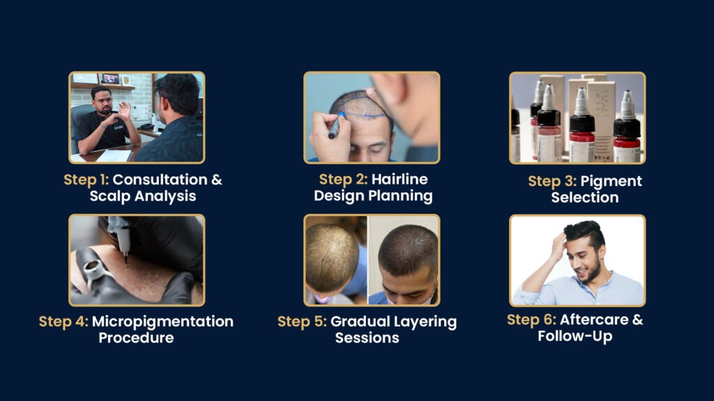 Scalp Micropigmentation in Pune Showing Consultation, Hairline Design, Pigment Selection, SMP Procedure and Aftercare
