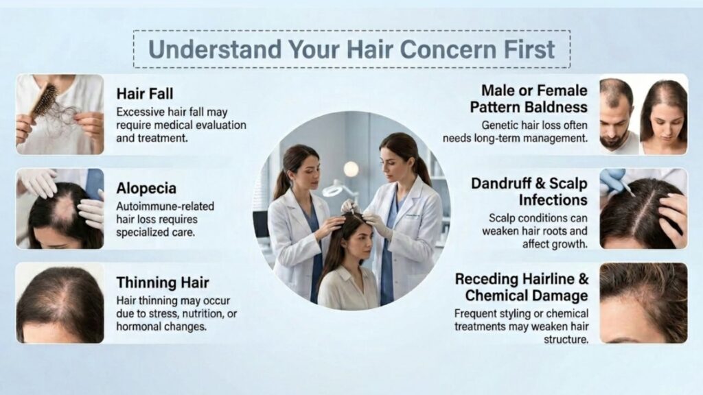 Hair specialist examining a patient's scalp to understand the cause of hair loss before recommending treatment.