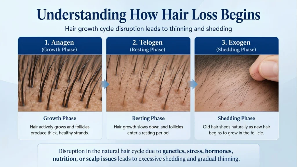 Understanding how hair loss begins with early hair thinning and shedding