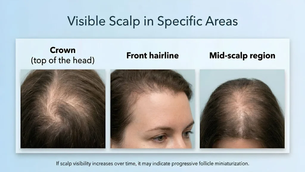 Visible scalp in certain areas due to early hair thinning