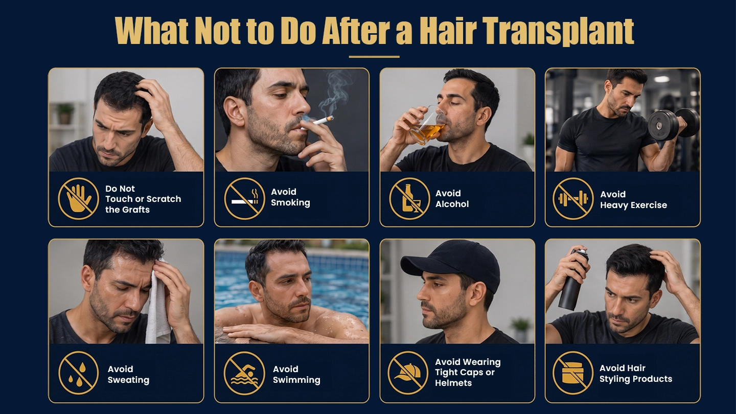 Patient avoiding common mistakes after hair transplant such as scratching the scalp, smoking, heavy exercise, and sun exposure during recovery