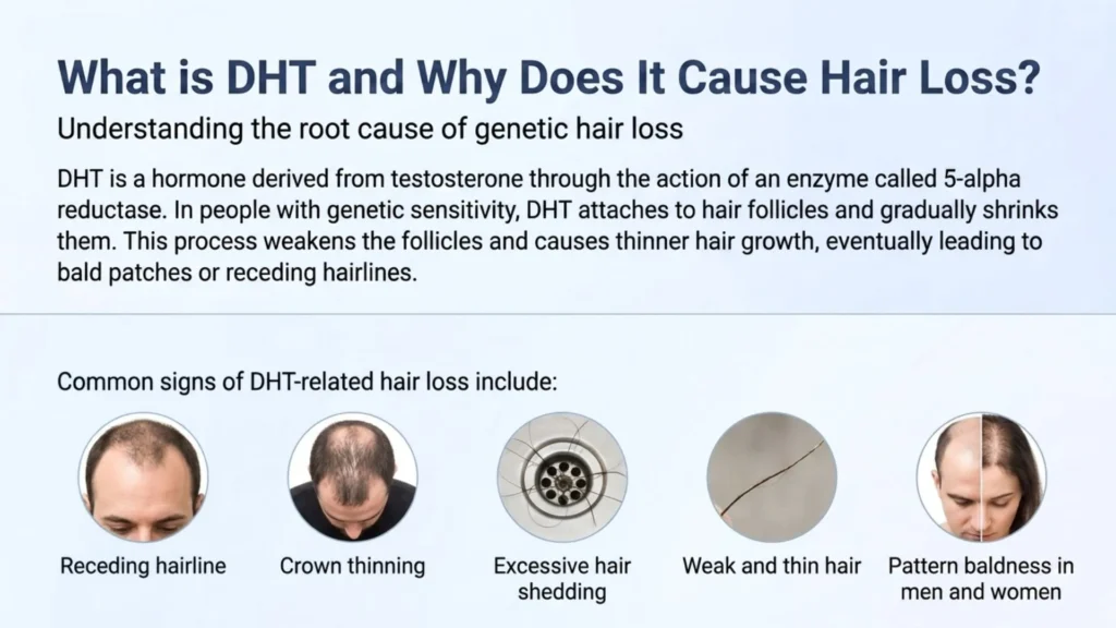 Illustration showing how DHT shrinks hair follicles and causes hair loss in men and women