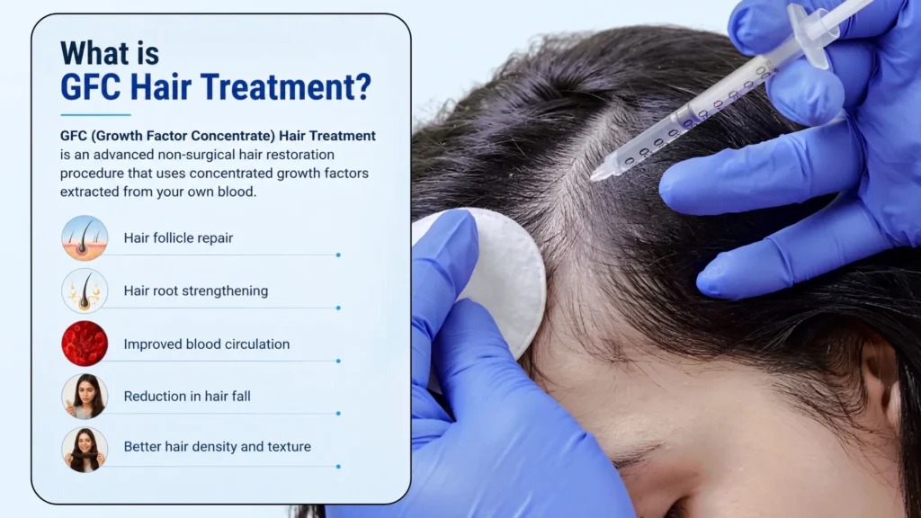 Illustration explaining what GFC Hair Treatment is and how Growth Factor Concentrate promotes natural hair regrowth