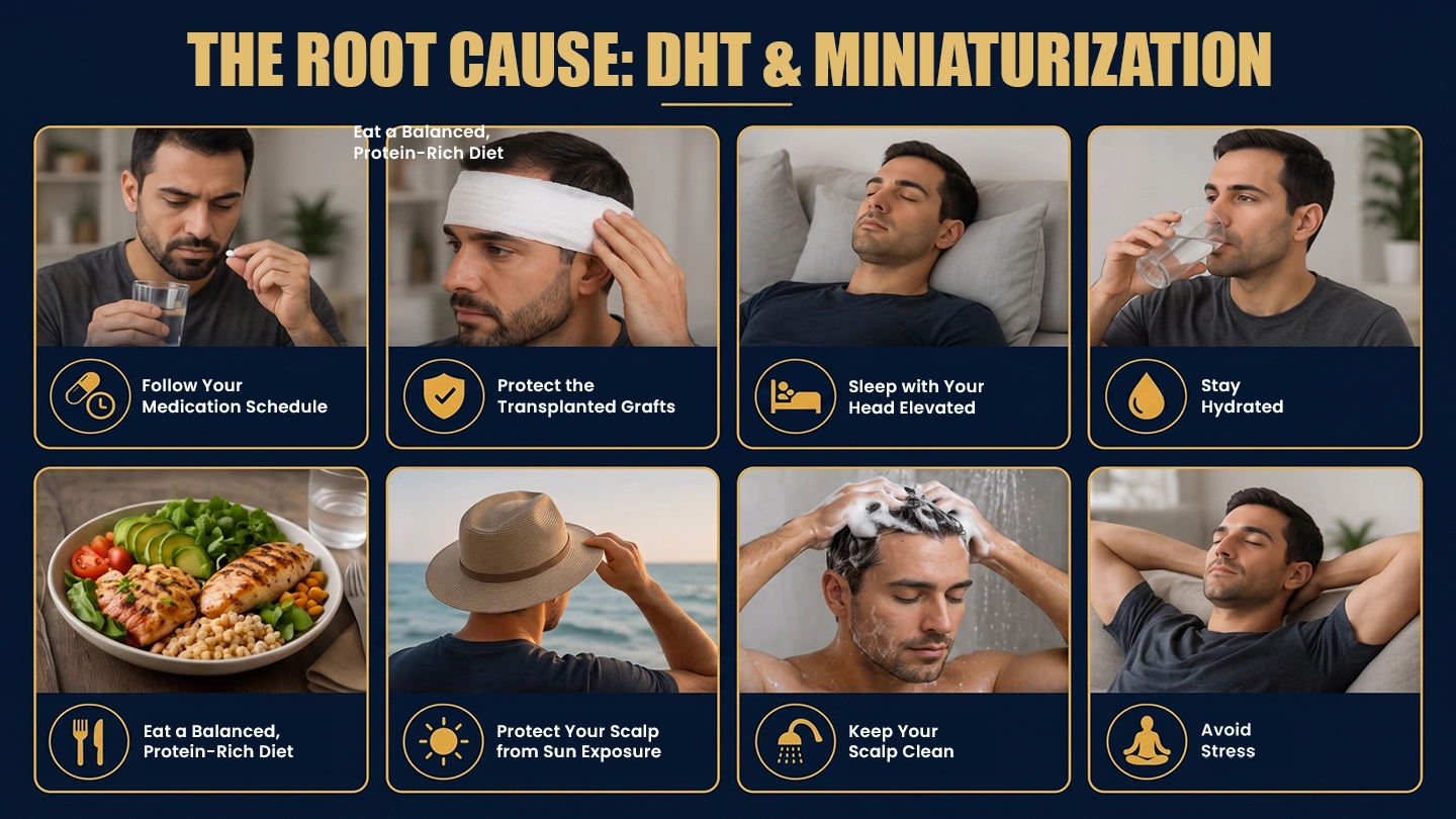 Doctor explaining essential after hair transplant care steps to a patient for healthy graft healing and successful hair transplant recovery
