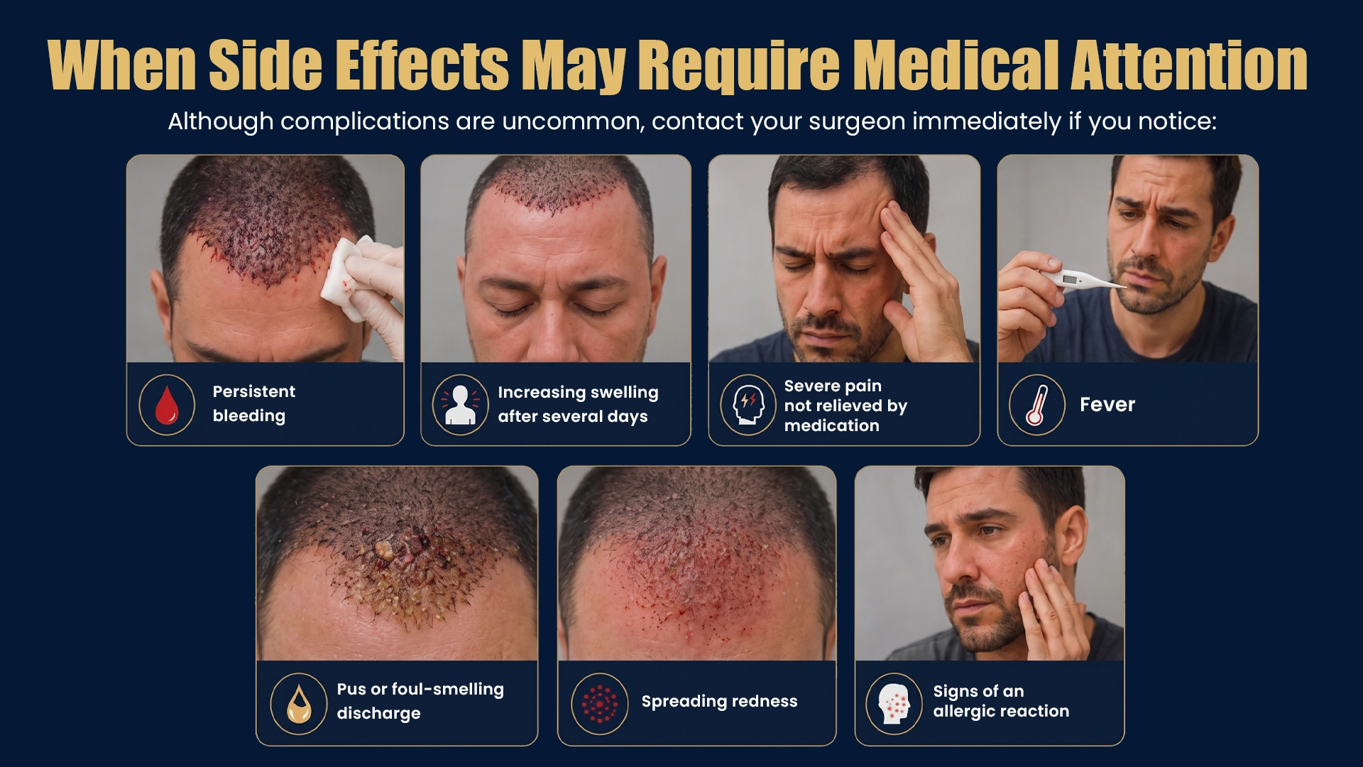 Hair transplant specialist examining a patient with unusual scalp symptoms after hair transplant requiring medical evaluation