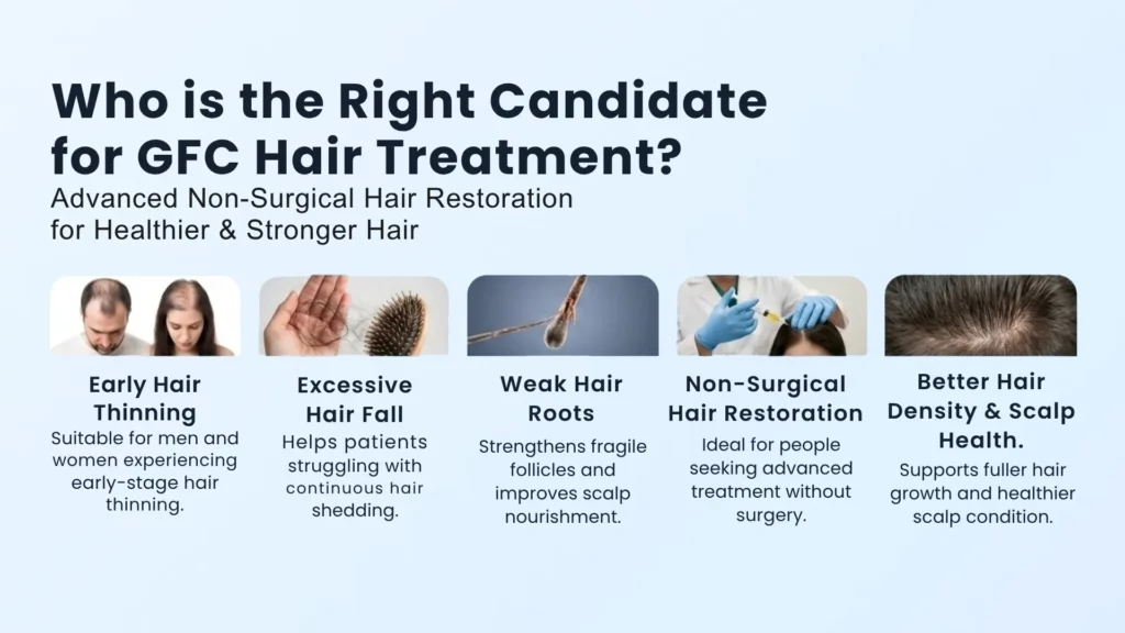 Ideal candidates for GFC Hair Treatment including men and women with hair thinning, hair fall, and early-stage hair loss