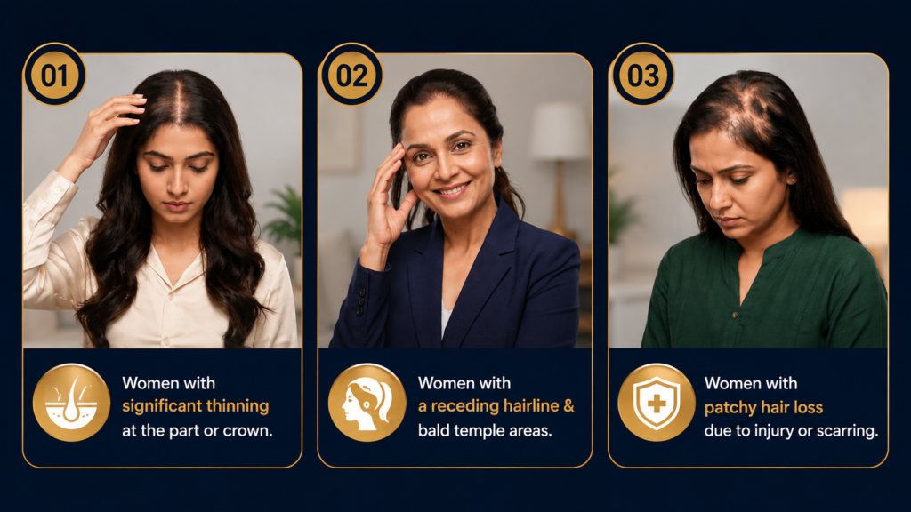 Guide on female hair transplant candidacy, crown hair thinning patterns, and hair loss treatments in Pune.