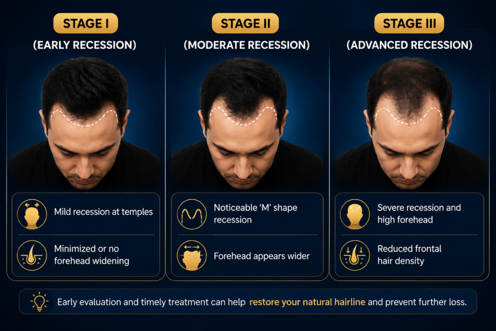 Hair Thinning Stages Showing Grade I Mild, Grade II Moderate, and Grade III Advanced Hair Loss