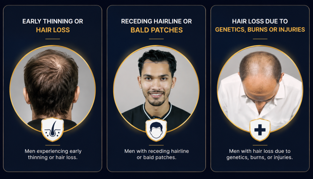 Ideal candidates for hair transplant showing common hair loss conditions in men including thinning crown, receding hairline, and patchy bald areas.
